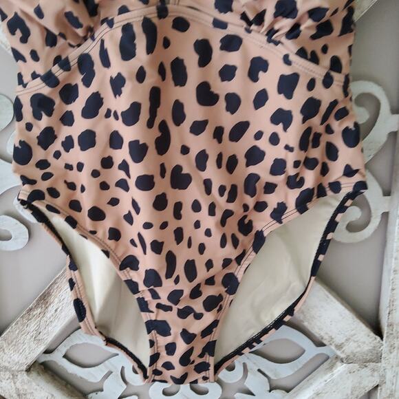 Marina West Women's One Piece Ruffle Swimsuit in Creamy Beige Leopard Print - Picture 9 of 11